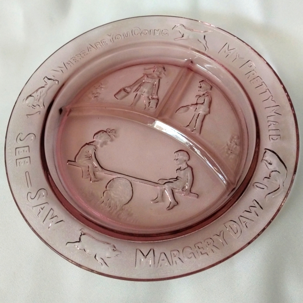 VINTAGE Purple Tint Glass Children's Nursery Rhymes Embossed Divided Plate Marge